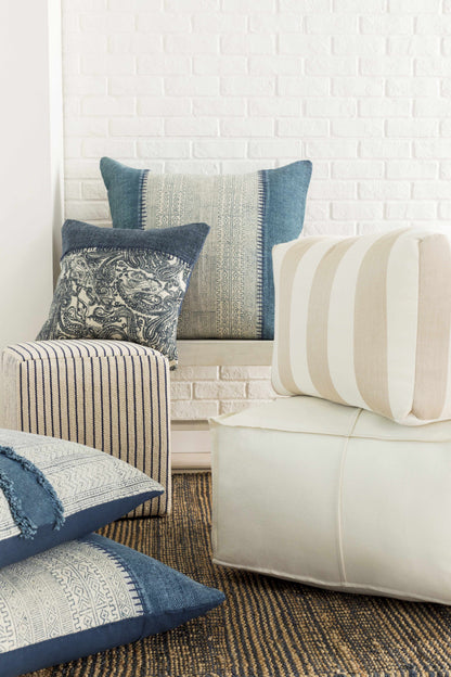 Friendsville Solid & Striped Ivory Pouf