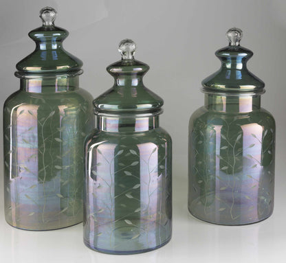Stewartville Green Etched Glass Jar